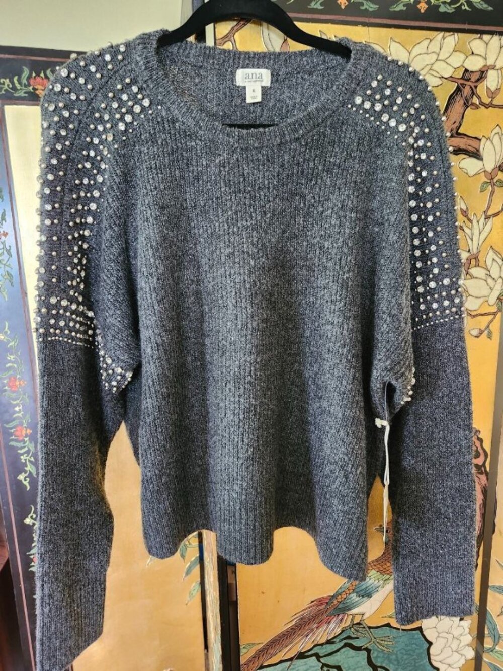 a.n.a. Heather gray crew neck studded sweater